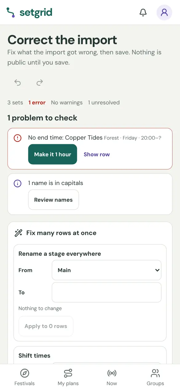 The correction screen on a phone, with an invented lineup imported from pasted text