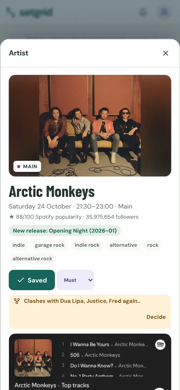 An artist's sheet in the demo: photo, genres, stage and time, and the Spotify player