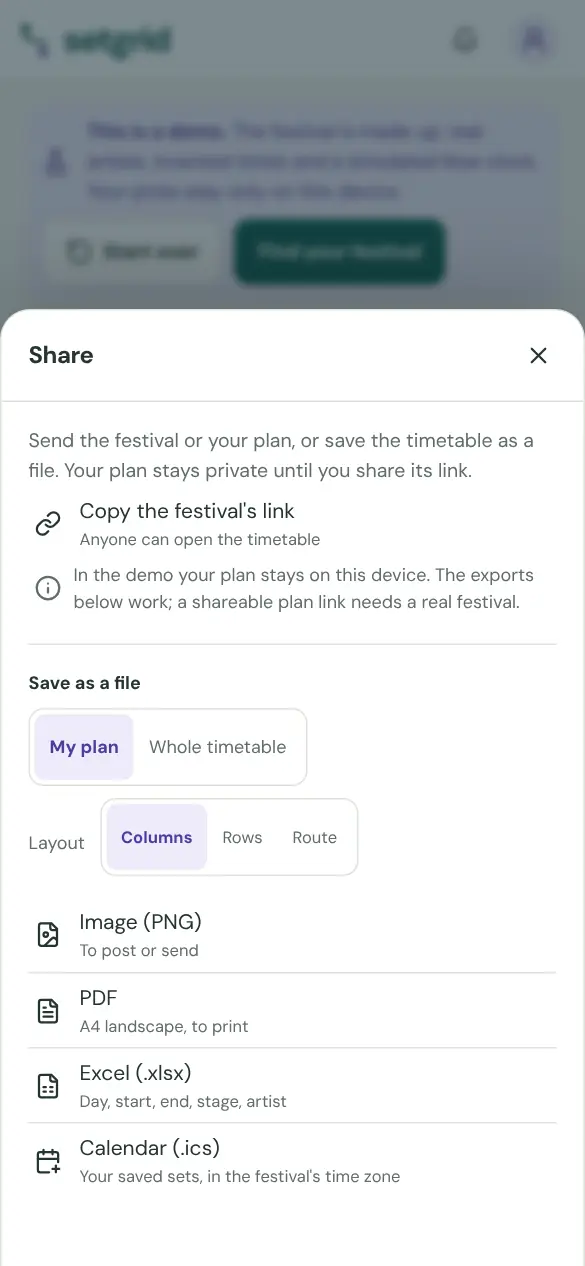 The share sheet on a phone, with export options for the plan