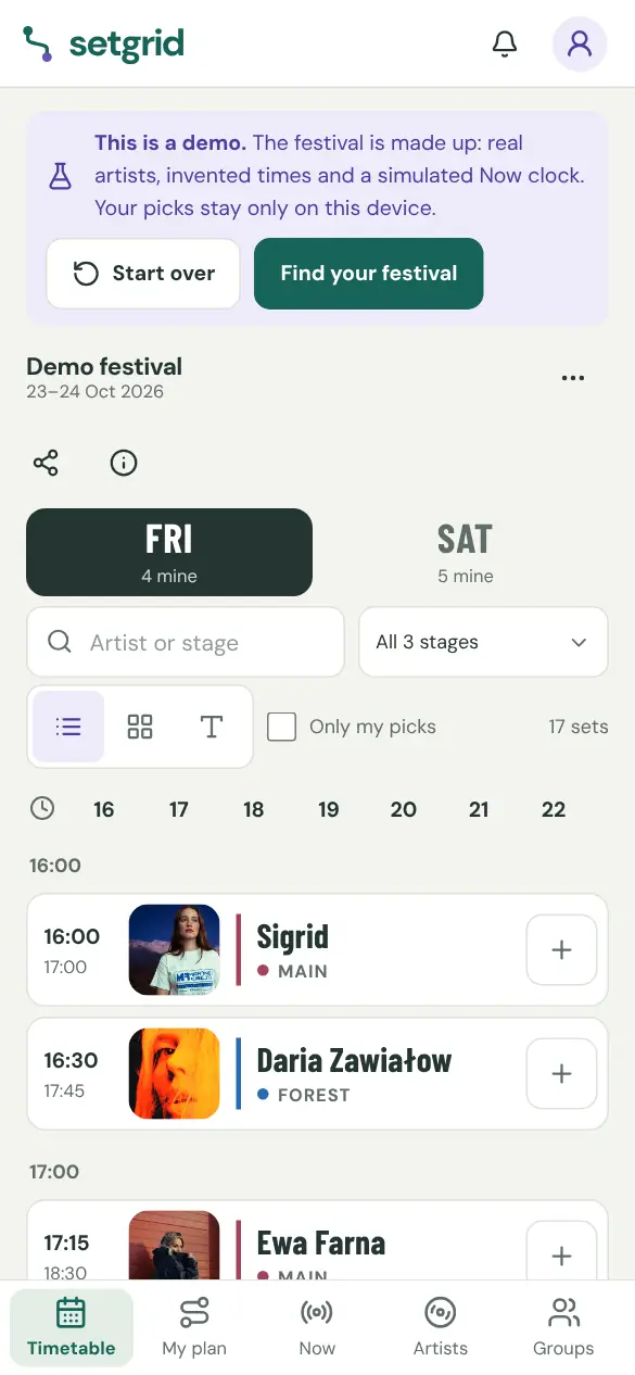 The demo festival's timetable on a phone, with saved sets marked